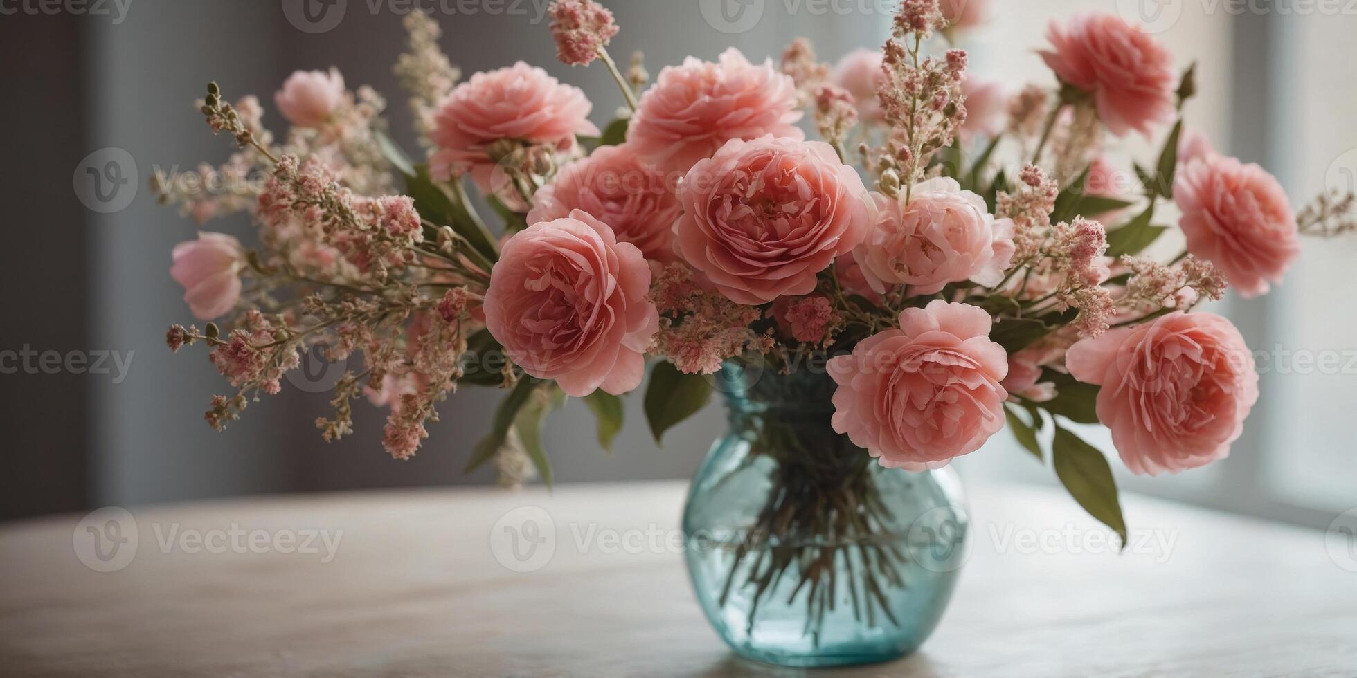 Fresh pink blooms in a decorative glass vase. photo