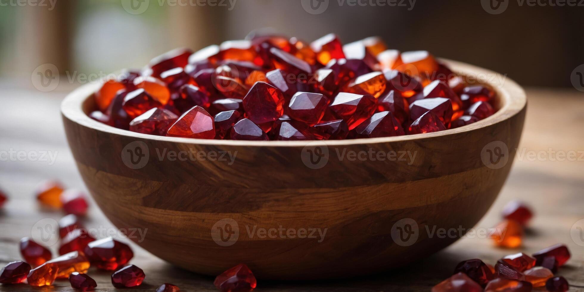 Rustic Wooden Bowl Filled with Rough-Cut Red Gemstones in Natural Light. photo