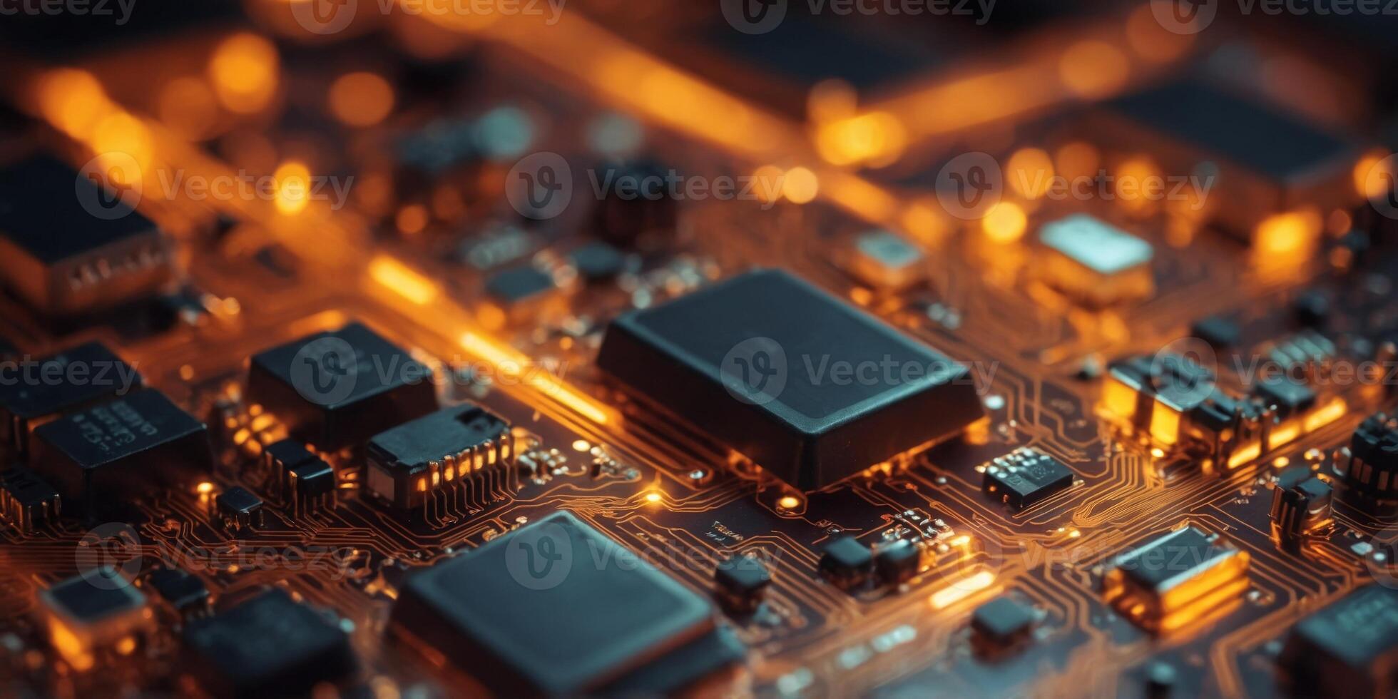 Futuristic Circuit Board with Red and Orange Lights. photo