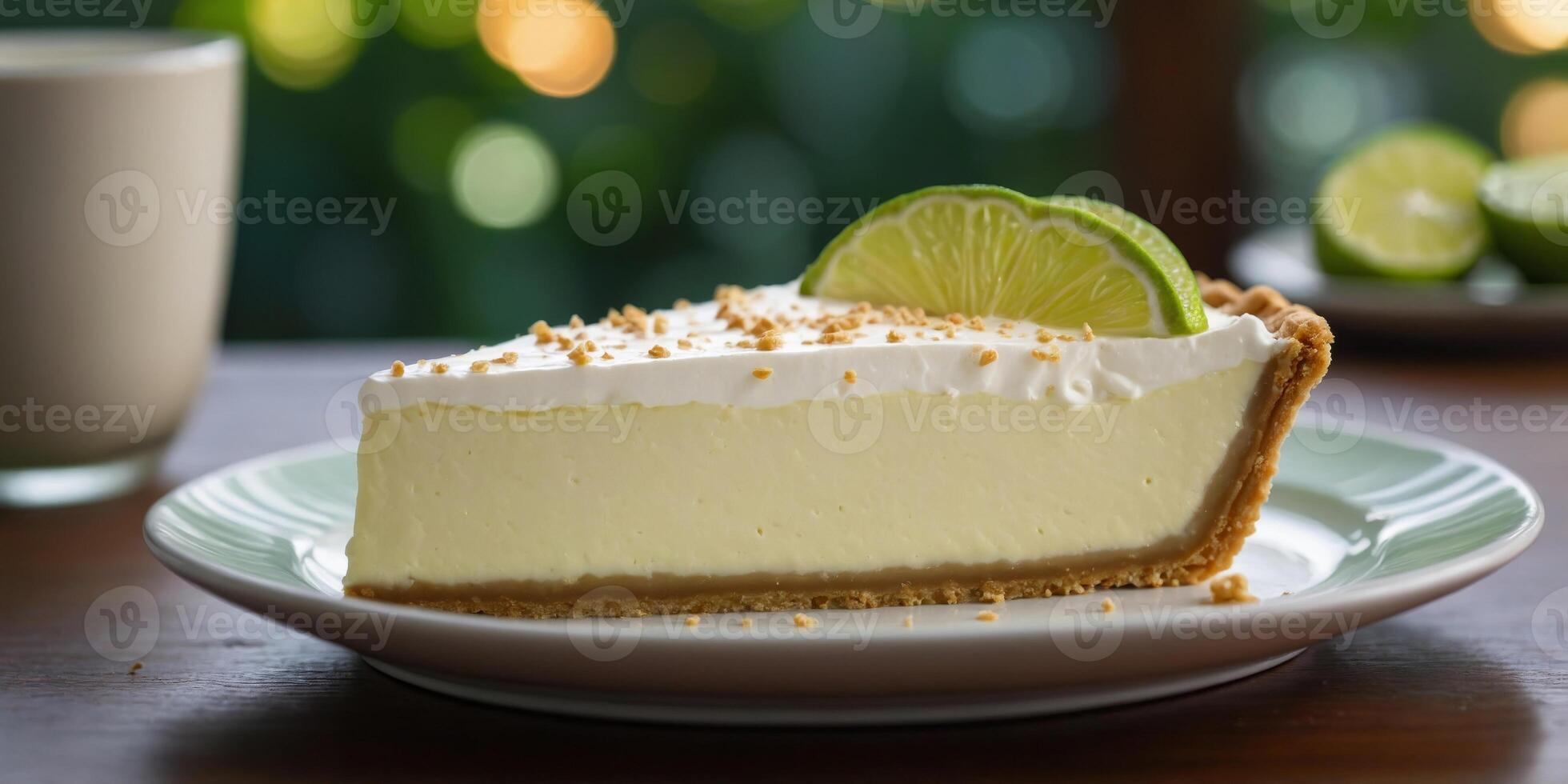 Slice of key lime pie with cream on plate in front of green background. photo