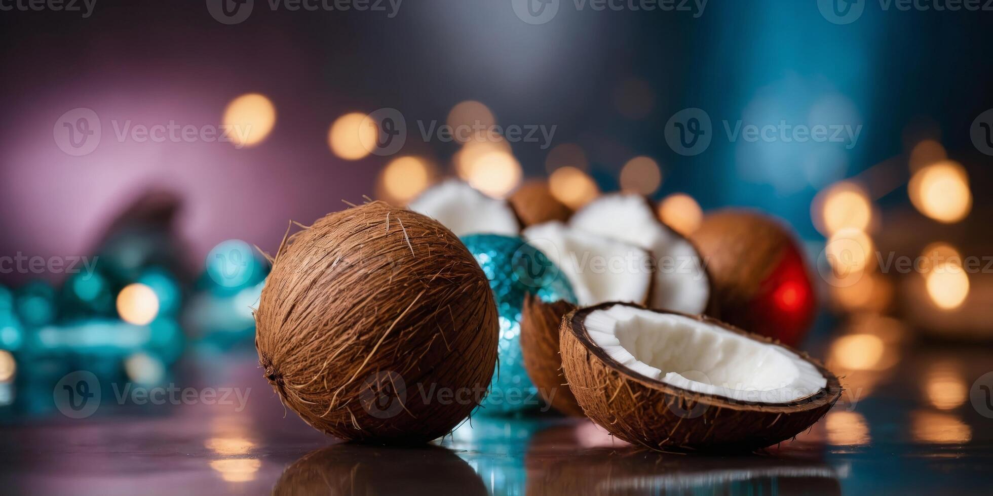 Coconut disco ball with reflection Minimal food and party combination. photo