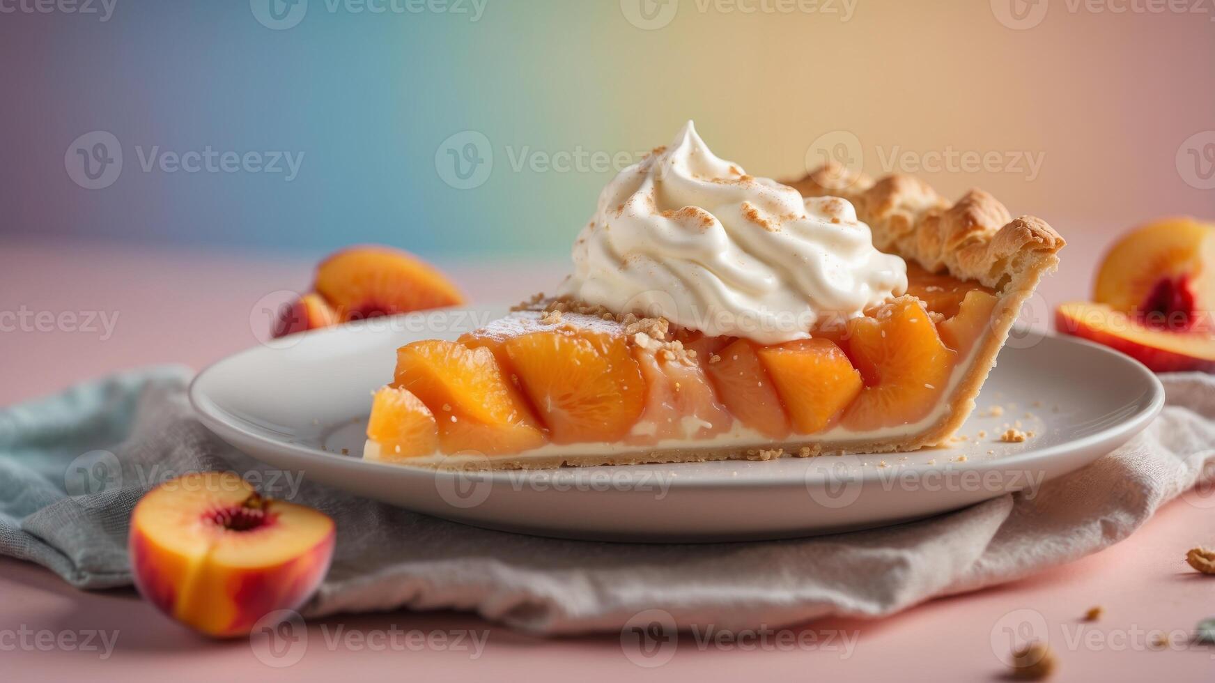 Slice of peach fruit pie with cream on plate in front of pastel background. photo