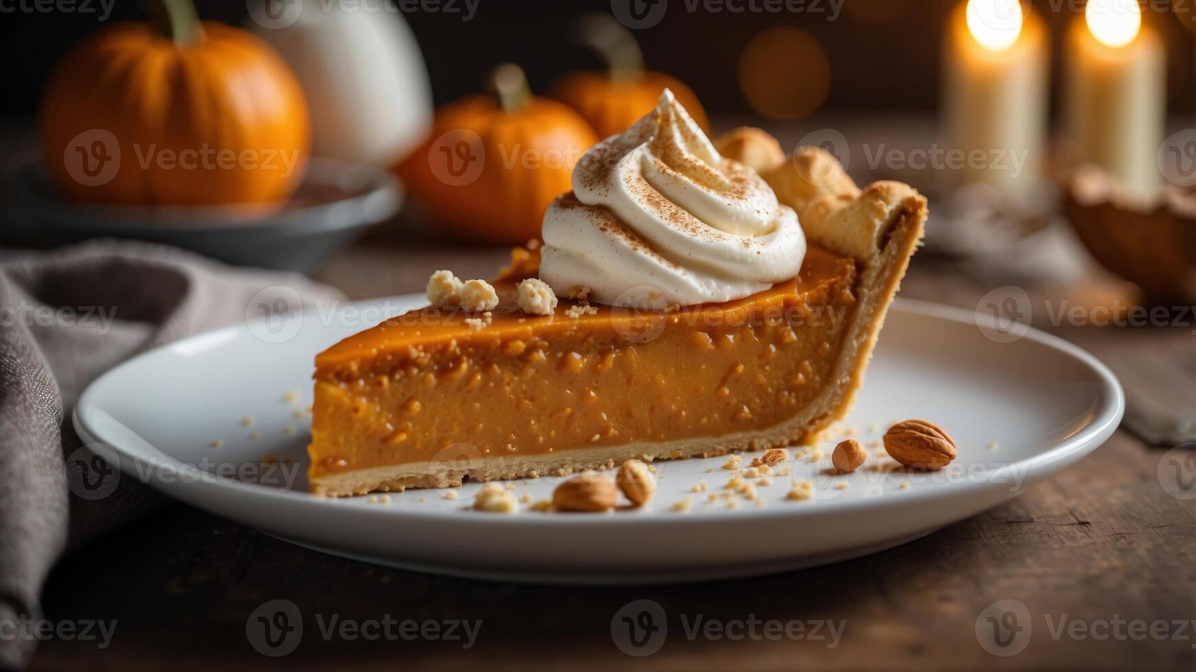 Delicious slice of traditional pumpkin pie with cream on plate. photo