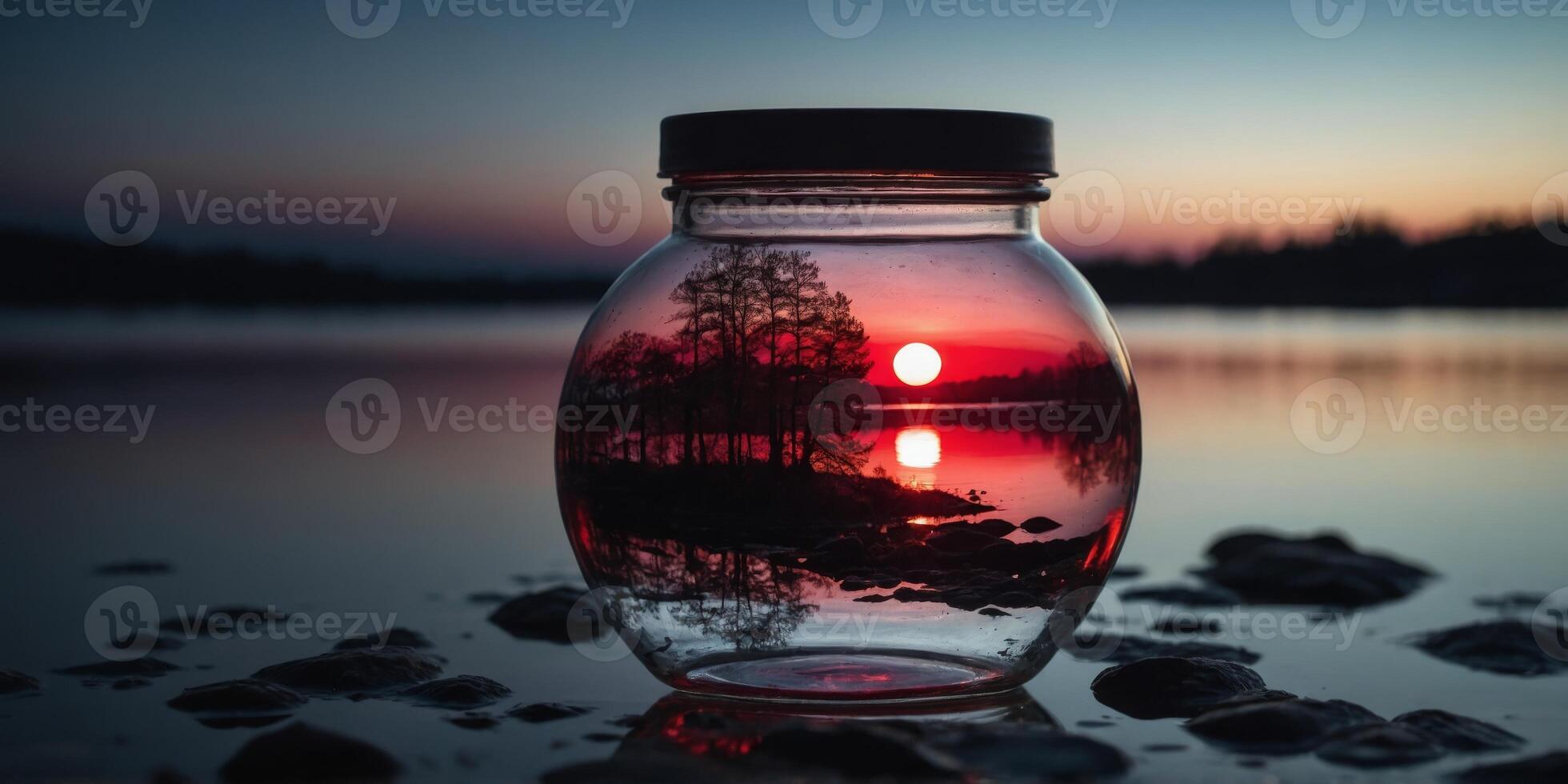 Glass jar with a night landscape inside Big red moon and glare on the water. photo