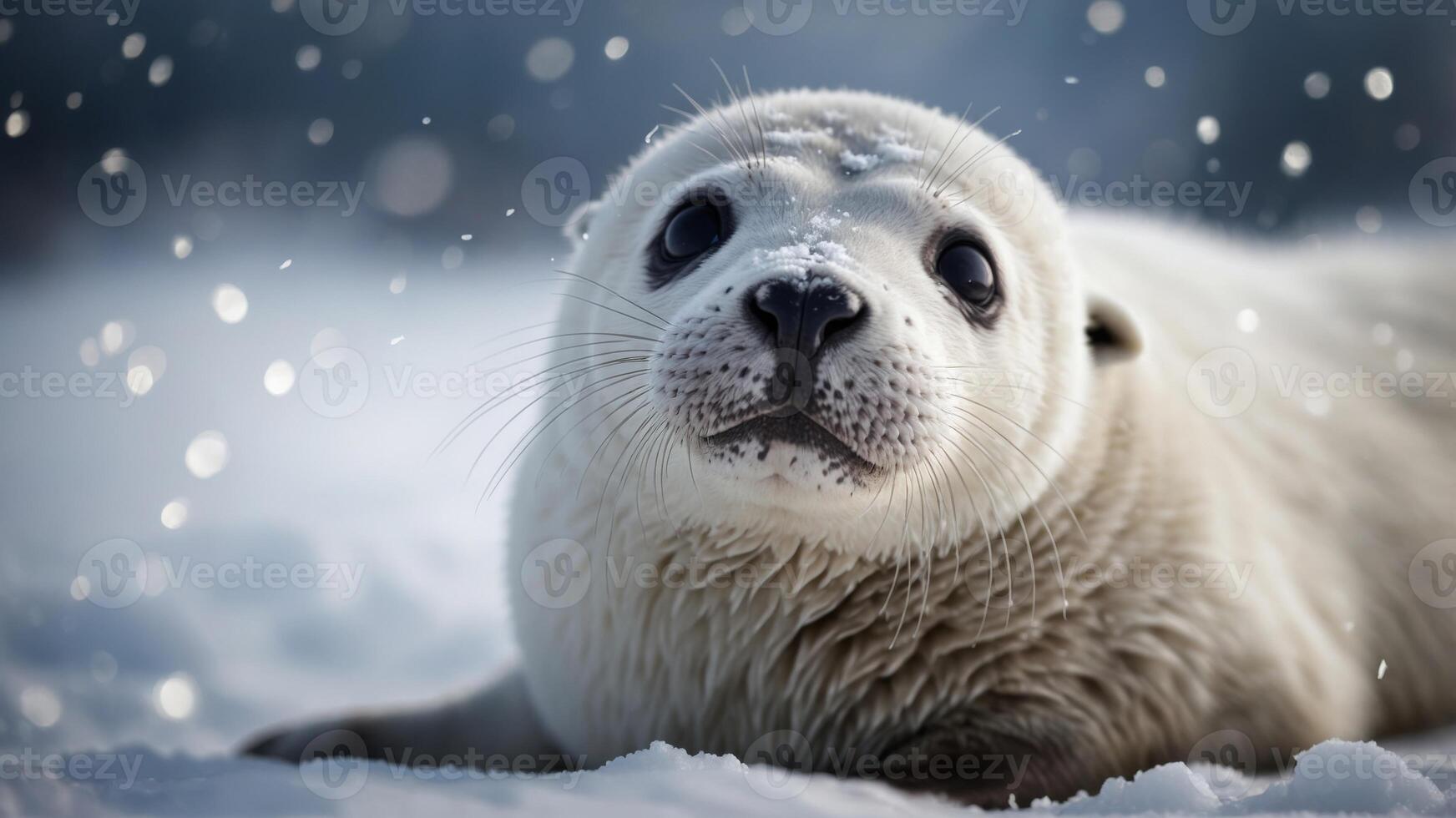 Cute young seal pup with white fur in snow. photo