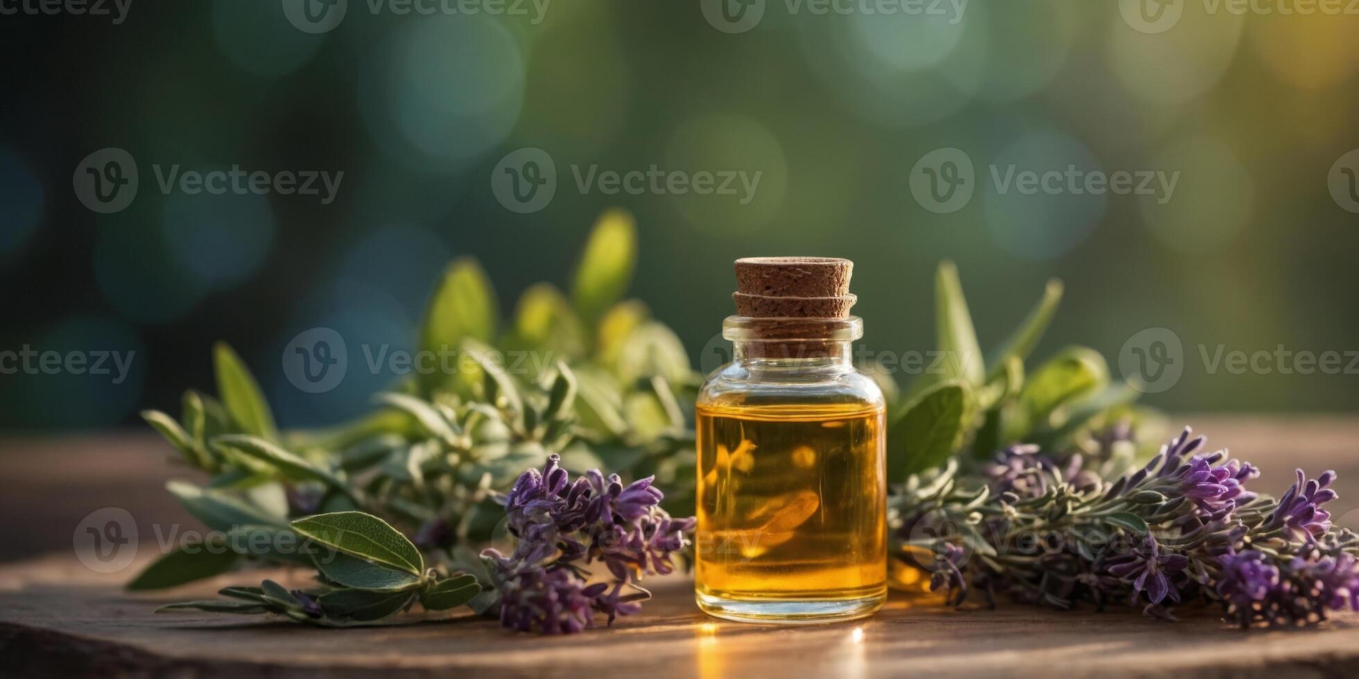 Glass bottle of essential oil surrounded by herbs. photo