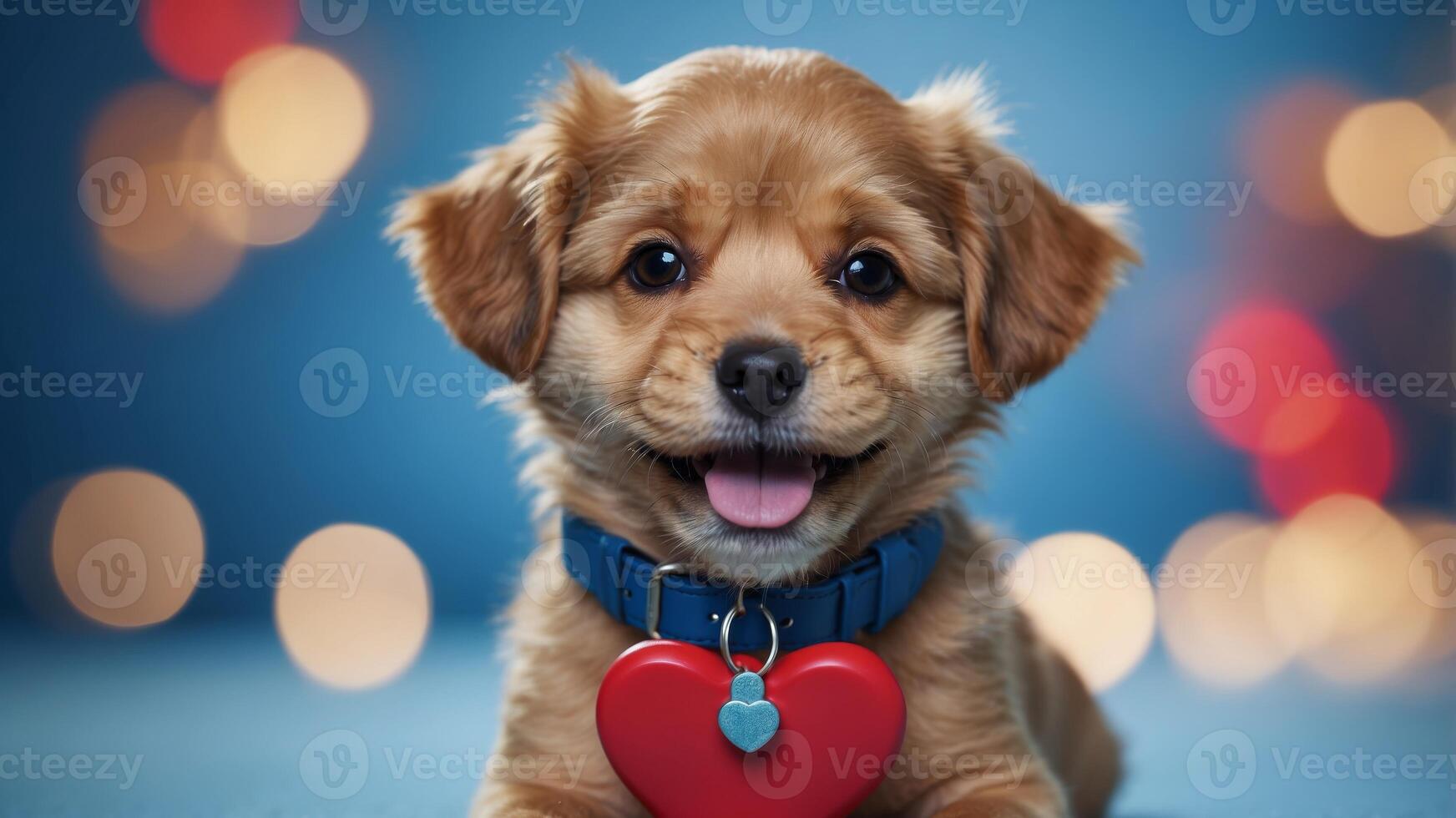 Cute small dog with red heart around neck in front of blue background. photo