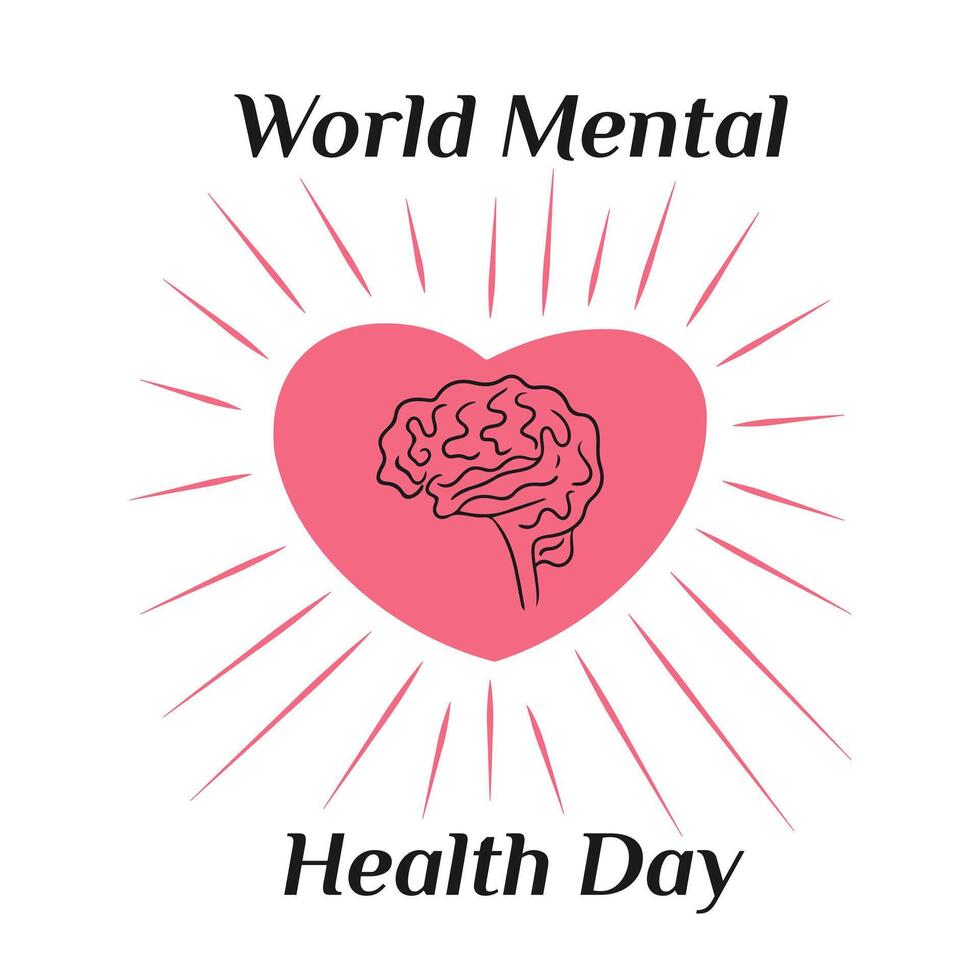 World mental Health day banner with heart and brain in minimalistic style. hand drawn illustration in doodle style. Template for background, banner, card, poster with text vector