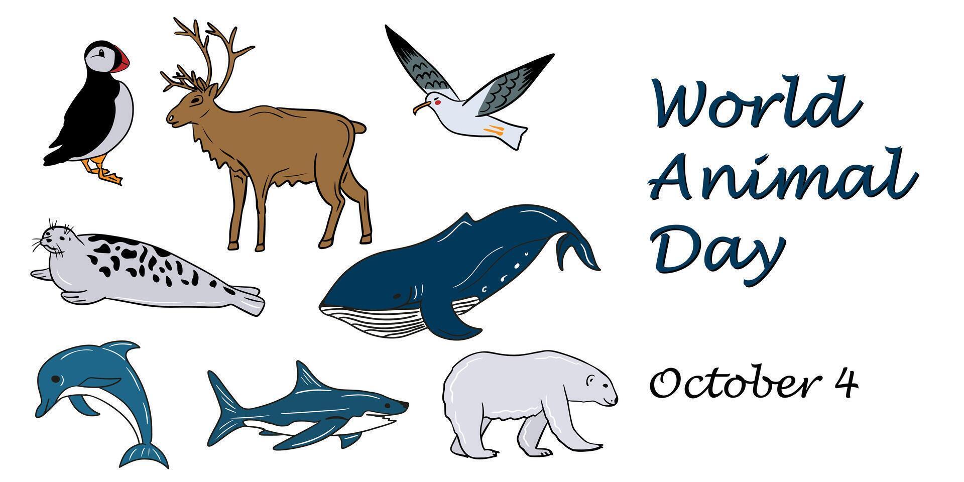 World animal day banner with arctic animals and birds in flat style. hand drawn illustration in doodle style. Template for background, banner, card, poster with text inscription vector