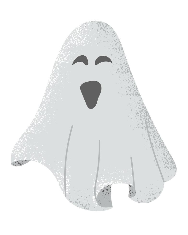 Flat funny hand drawn ghost with grunge texture. Frightening fiction character design for Halloween isolated on white background. Good for decoration and stickers vector