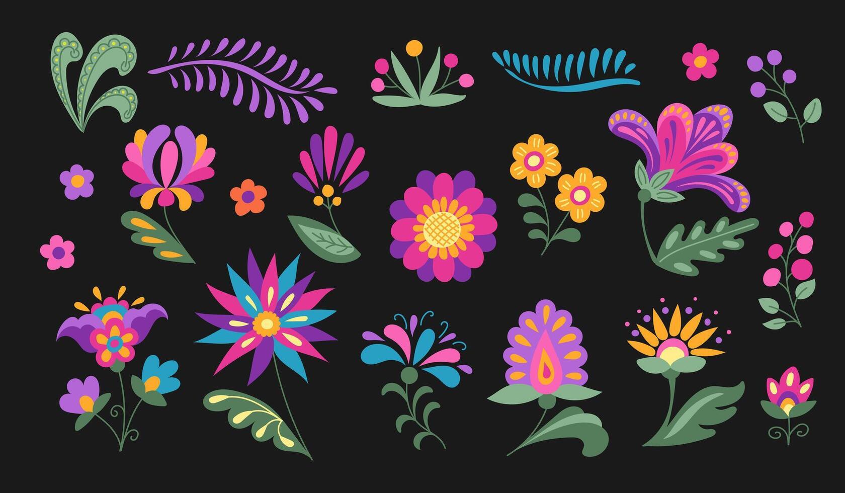 Mexican Folk floral doodle set with fantasy flowers and leaves in bright color on black background. Botanical flat stickers in Mexican traditional style. Clipart for day of the dead holiday vector