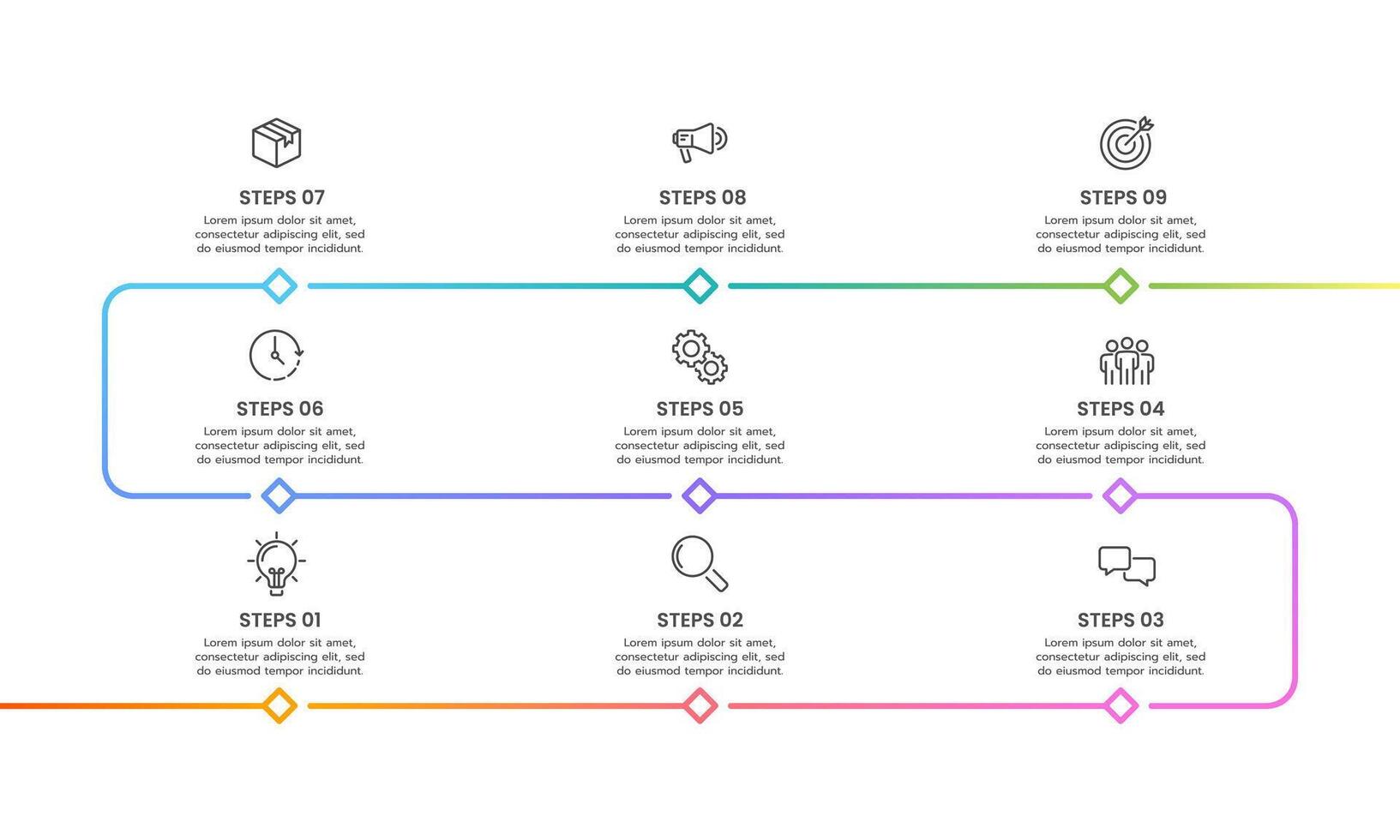 Business infographic timeline design template with 9 steps to success. Business presentation, Report, Milestone, Planning, and Roadmap. vector