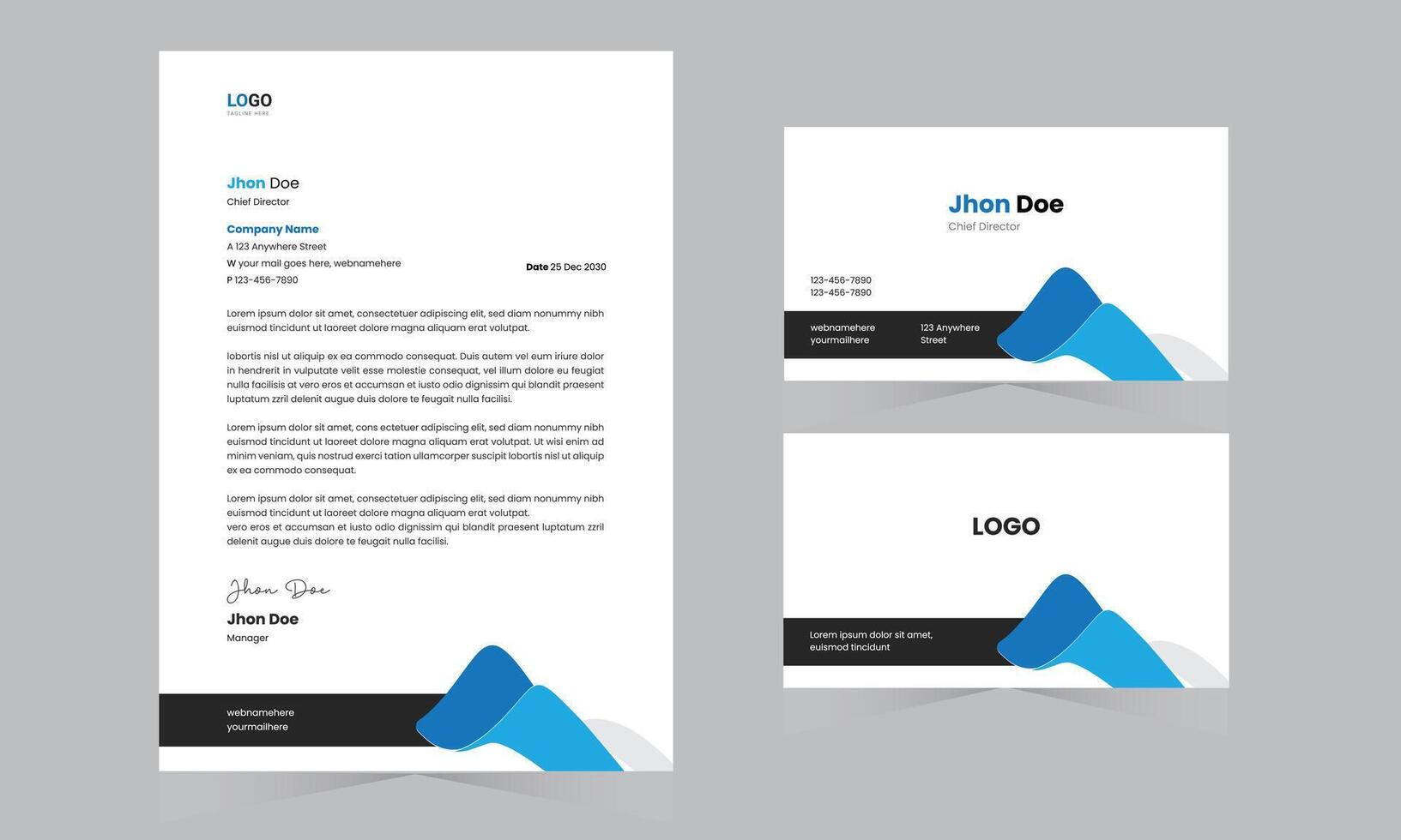 Modern Creative Blue A4 Size Letterhead and Business Card design template branding vector