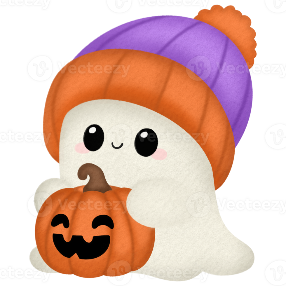 Adorable ghost with orange and purple beanie hugging pumpkin for Halloween png