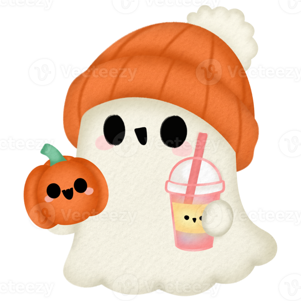 Adorable ghost with orange beanie holding pumpkin and drink for Halloween png