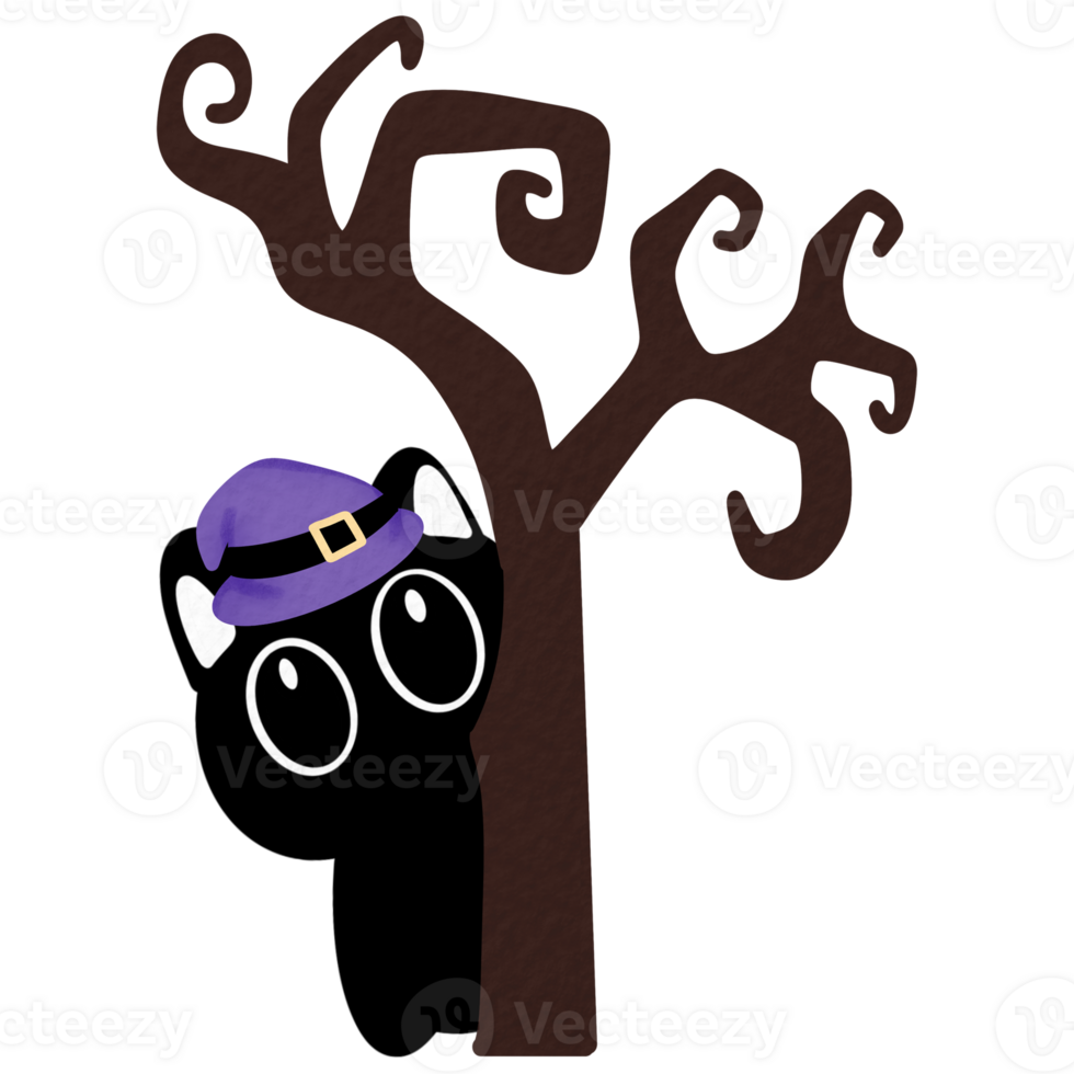 Adorable black cat with purple witch hat hiding behind a spooky tree for Halloween png