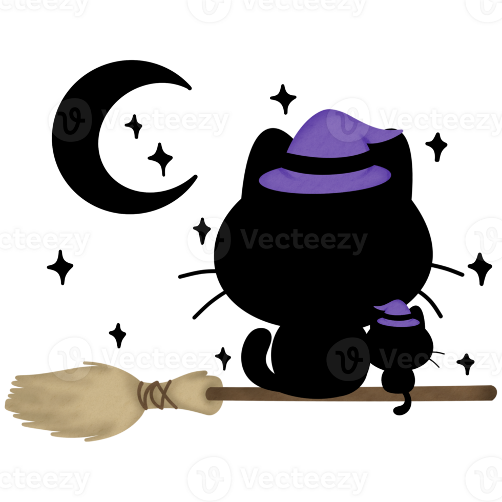 Black cat and kitten with purple witch hats flying on broomstick under moonlight png