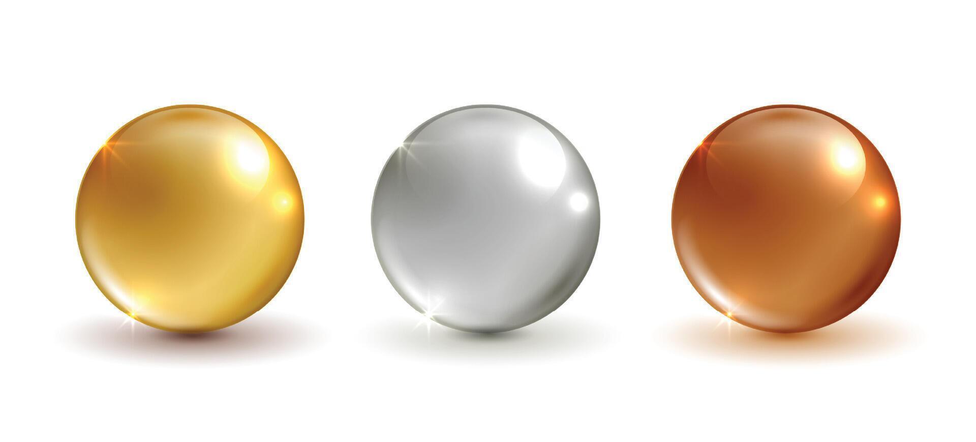 Gold, silver, copper ball with shadow on white background with shadows. glass cosmetics ball shiny. glossy balls collection. vector