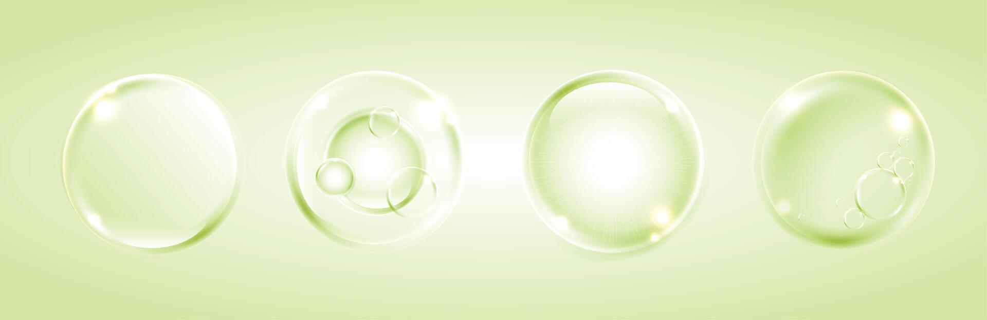 Serum, water drops of liquid or collagen on green background. beauty product, moisture, skincare colorful bubbles. skin care cosmetic hydration spots solution. vector