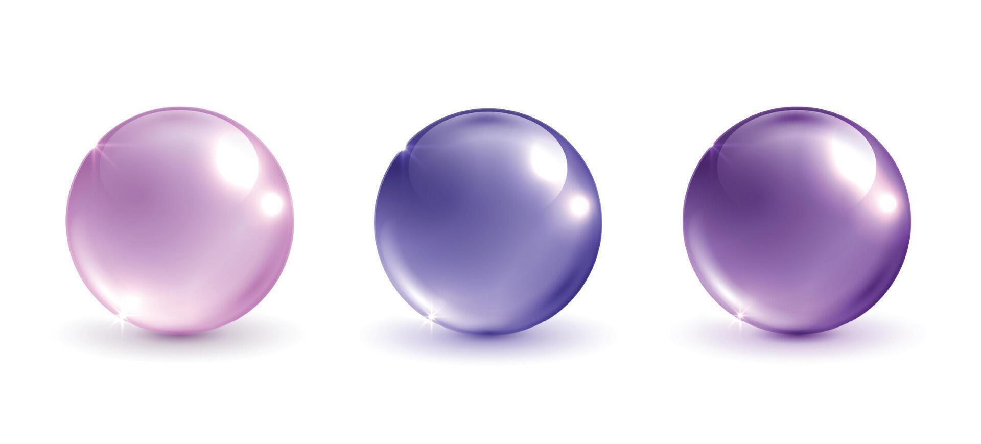 Glass cosmetics ball, shiny and purple glass balls collection on white background. round circle. vector