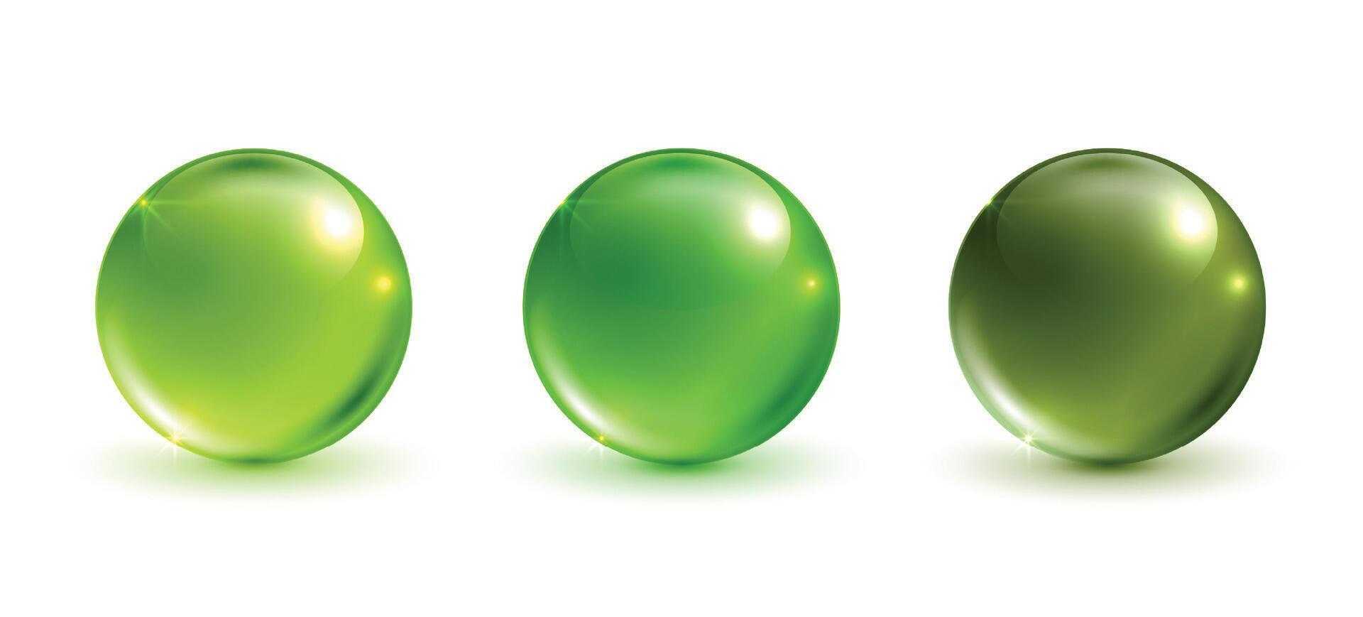 Glass cosmetics ball, shiny and green glass balls collection on white background. vector