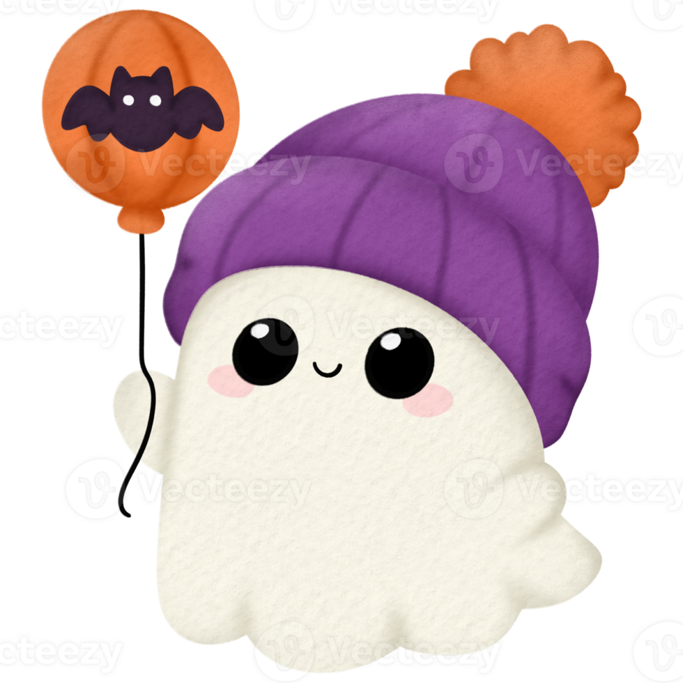 Adorable ghost with purple beanie and bat balloon for Halloween png