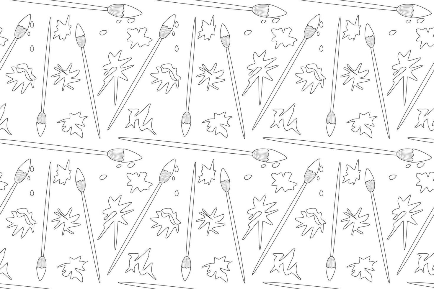 Seamless coloring page featuring paintbrushes and artistic paint splatters. Ideal for back-to-school designs and educational coloring. vector