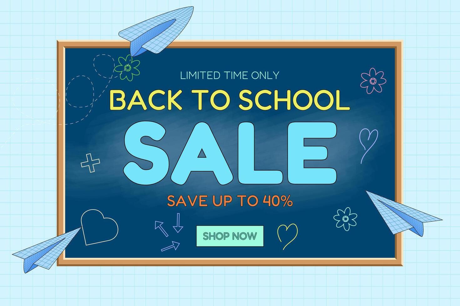 Back to school sale banner featuring a chalkboard, colorful paper planes, and a promotional discount message. Ideal for educational campaigns. vector