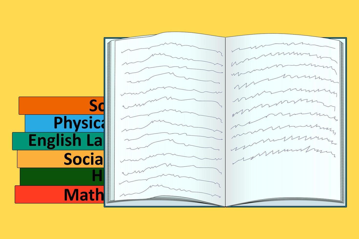 Colorful stack of school books with an open book in the center. Ideal for back-to-school themes, educational materials, and library designs. vector