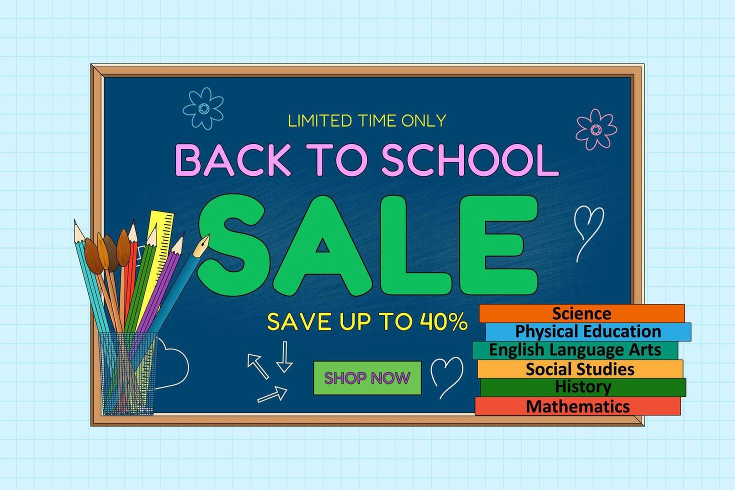 Colorful back-to-school sale banner featuring a chalkboard, school supplies, and stack of textbooks. Perfect for promotions and ads. vector