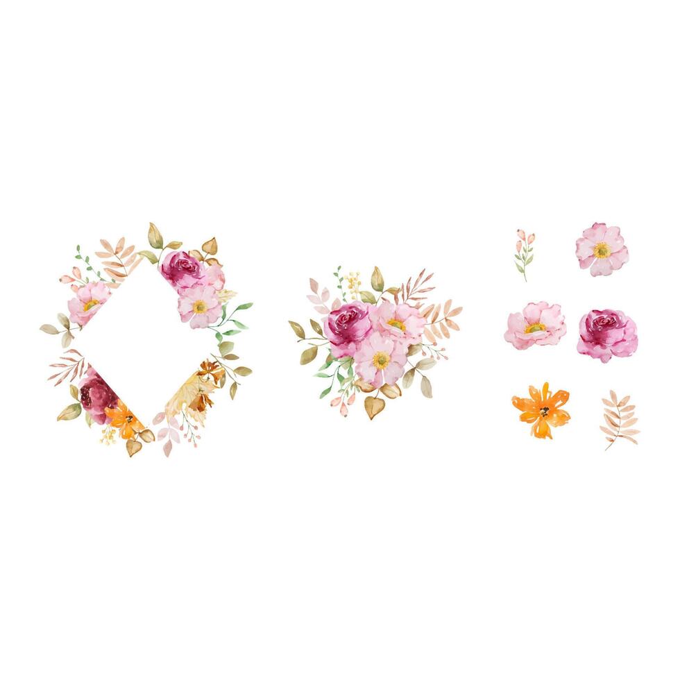 Watercolor autumn frames set with flowers, fall leaves vector