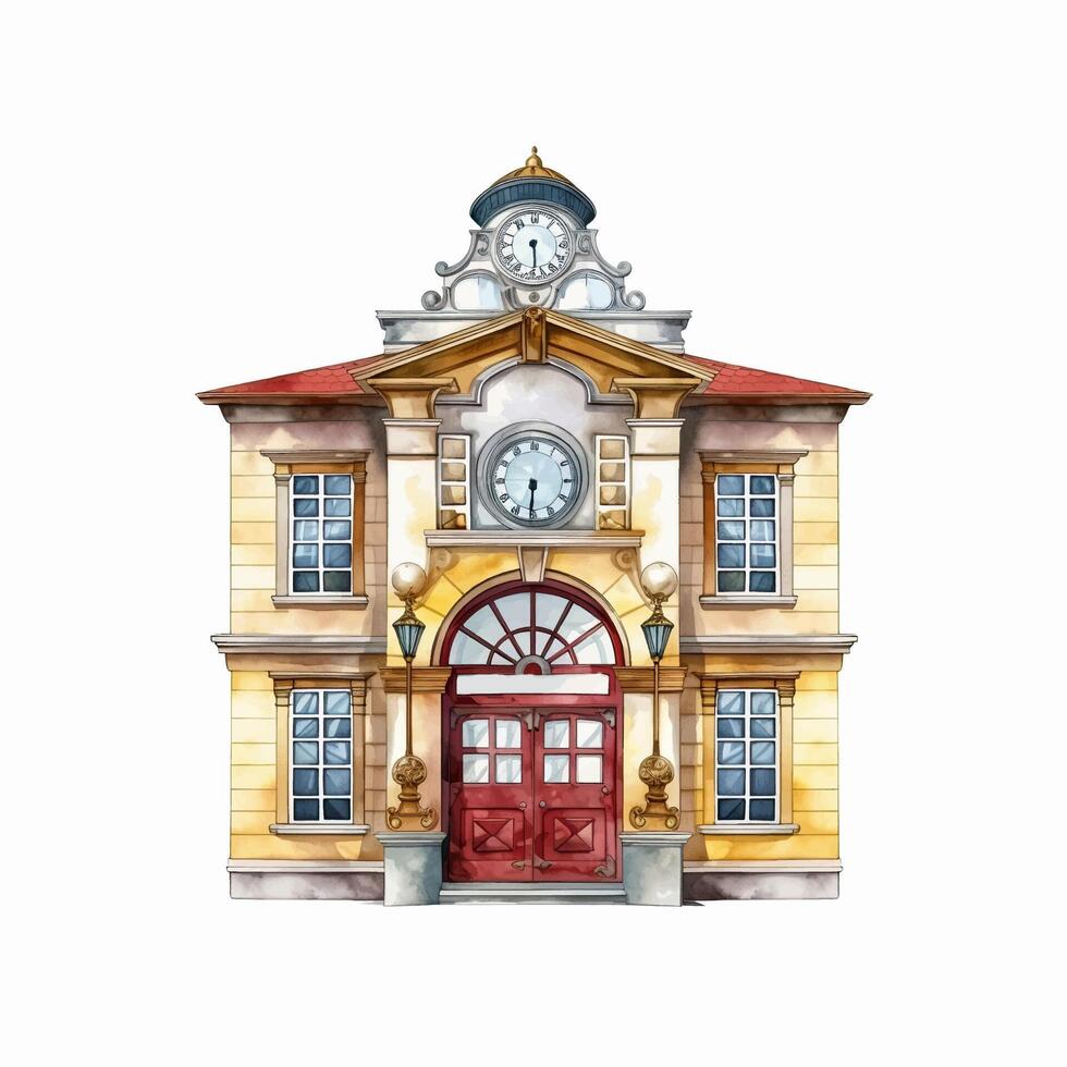 Watercolor school building with clock, tower vector