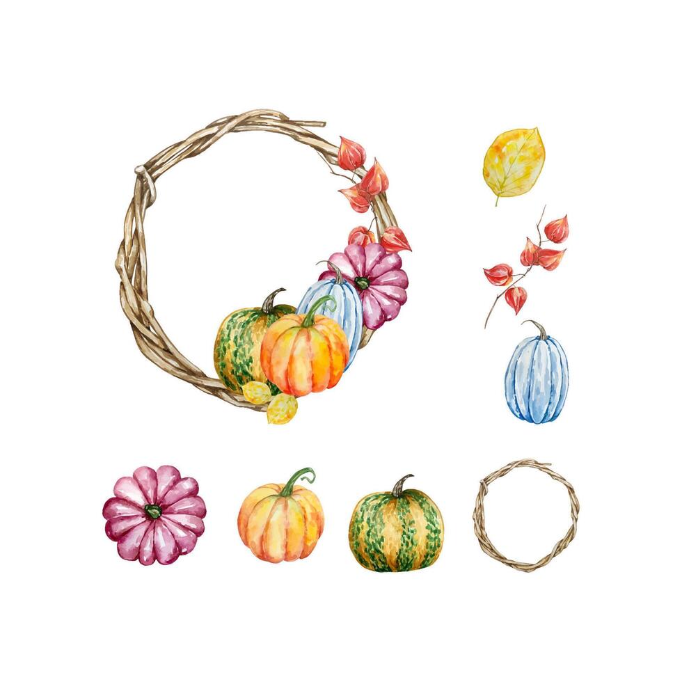 Watercolor autumn wreath with pumpkins and fall leaves vector