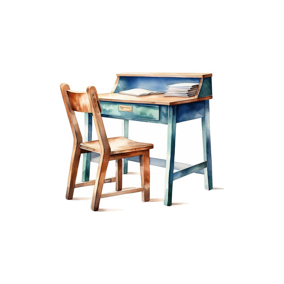 Watercolor school desk and chair on white background, illustration vector