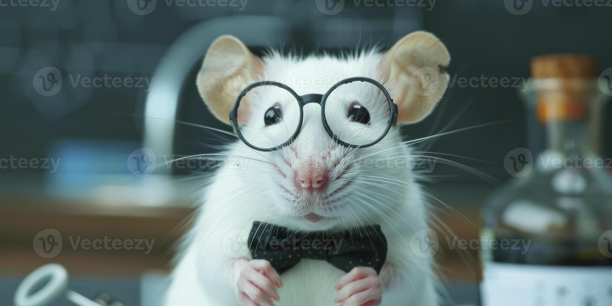 Cute white rat wearing glasses and a bow tie with blur background photo