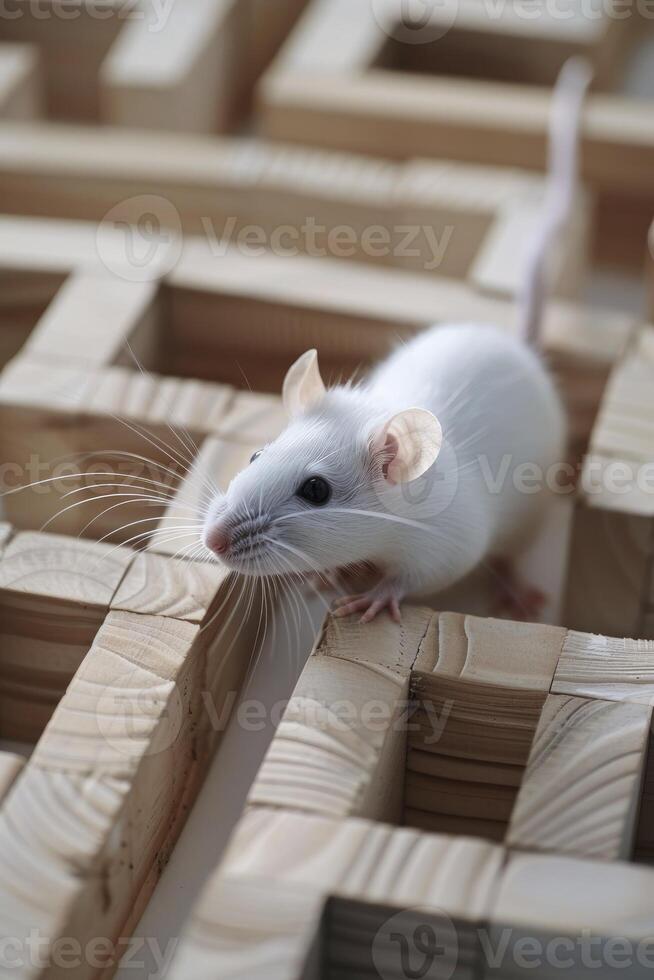 A white rat walking through an intricate wooden maze photo