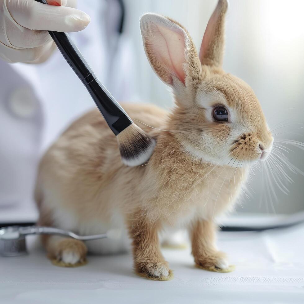 a hand with gloves touches makeup brush on rabbit photo