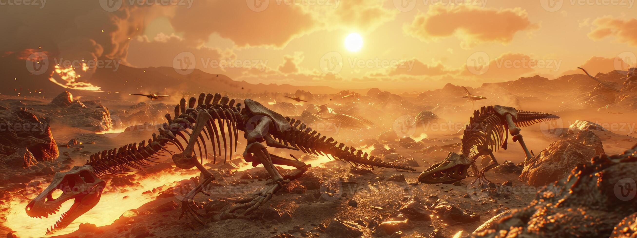 a few dinosaur skeletons laying on the ground, surrounded by ash and lava, a sun is setting in background photo