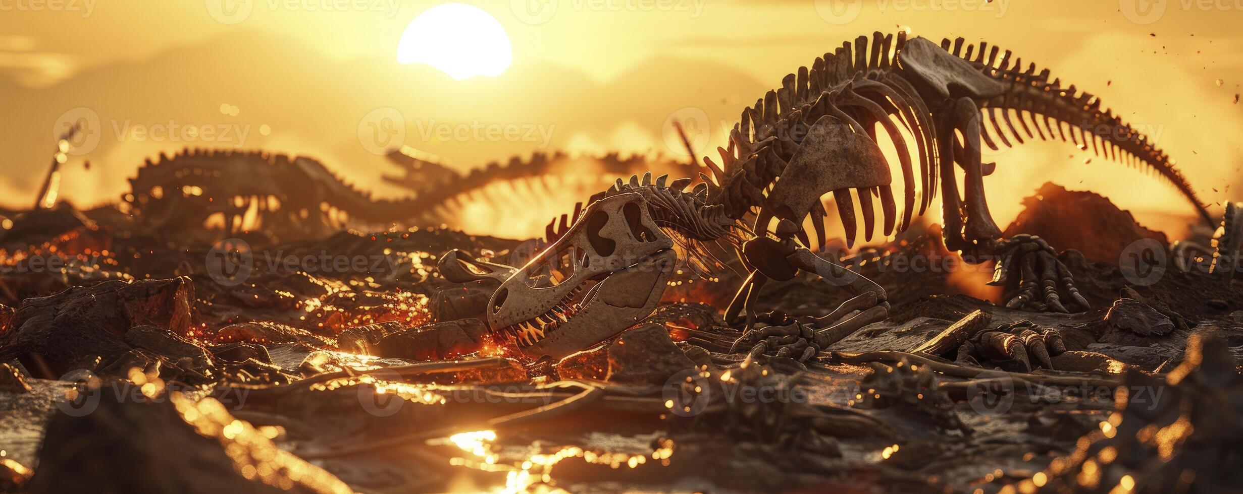 a few dinosaur skeletons laying on the ground, surrounded by ash and lava, a sun is setting in background photo
