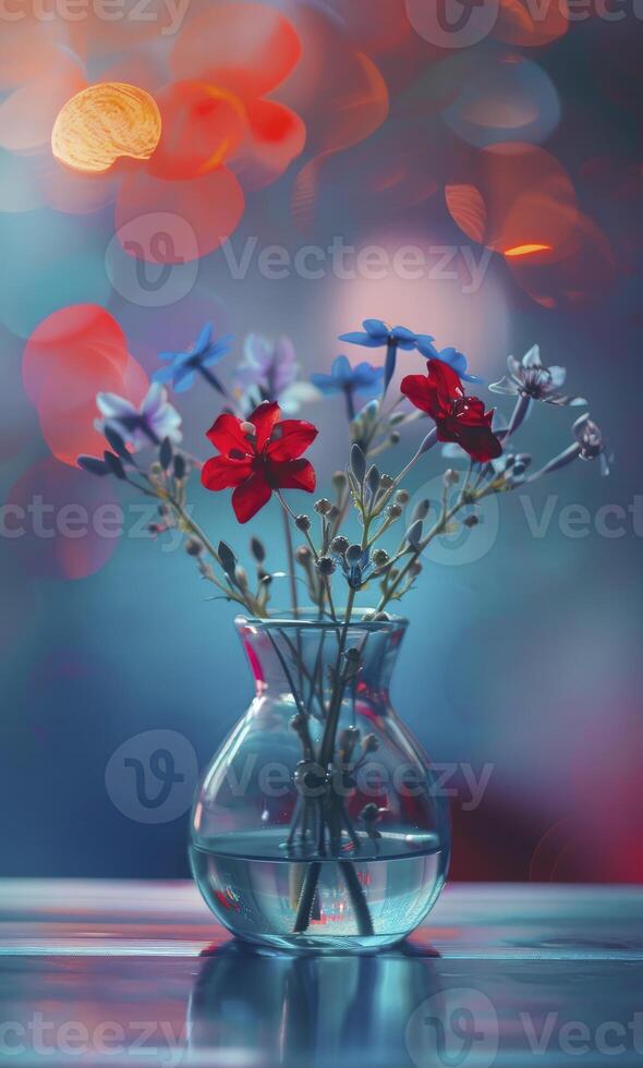 red colour small flower in small glass vase on blur bokeh background photo