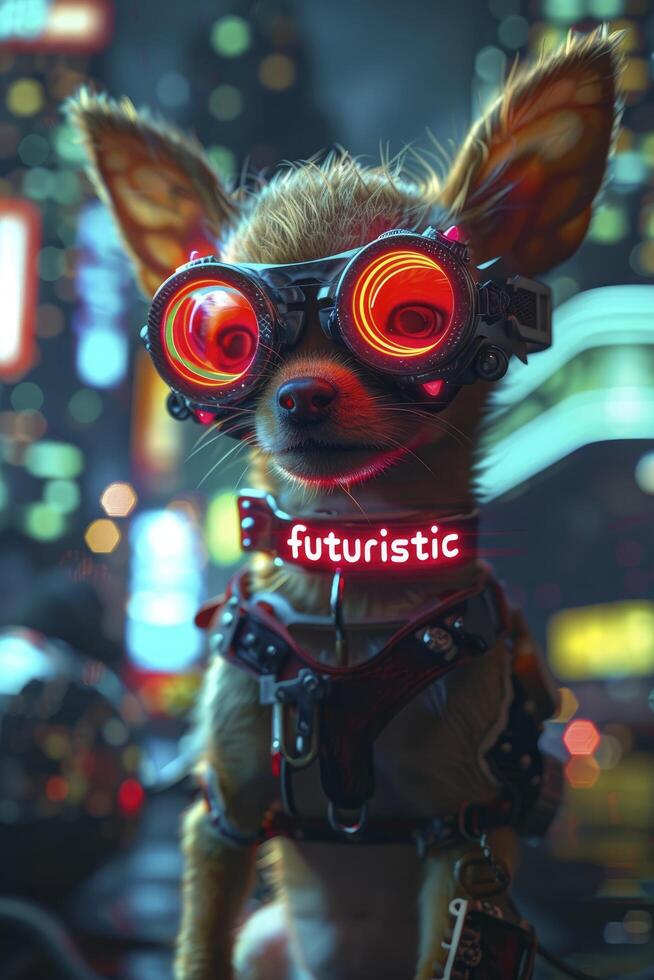 A cute cyberpunk Chihuahua puppy with glowing red eyes wearing goggles and digital collar with futuristic cityscape background photo