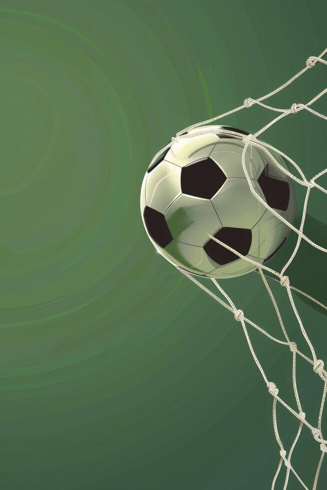 A soccer ball in the goal net on blur green bokeh background photo