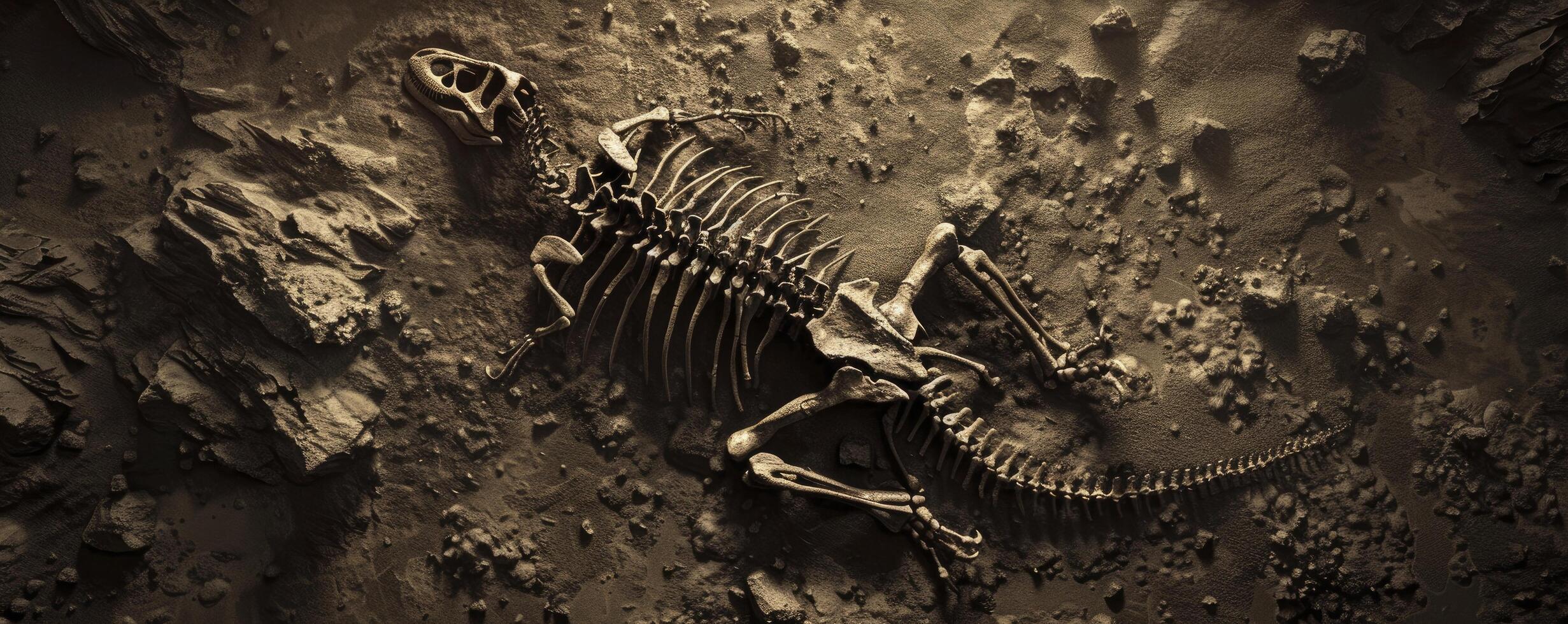 aerial view of a dinosaur skeleton half buried on the ground photo