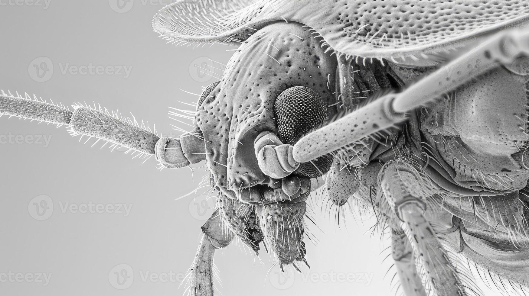 closeup of an electron microscope view of the head and legs of a bed bug on a gray background photo