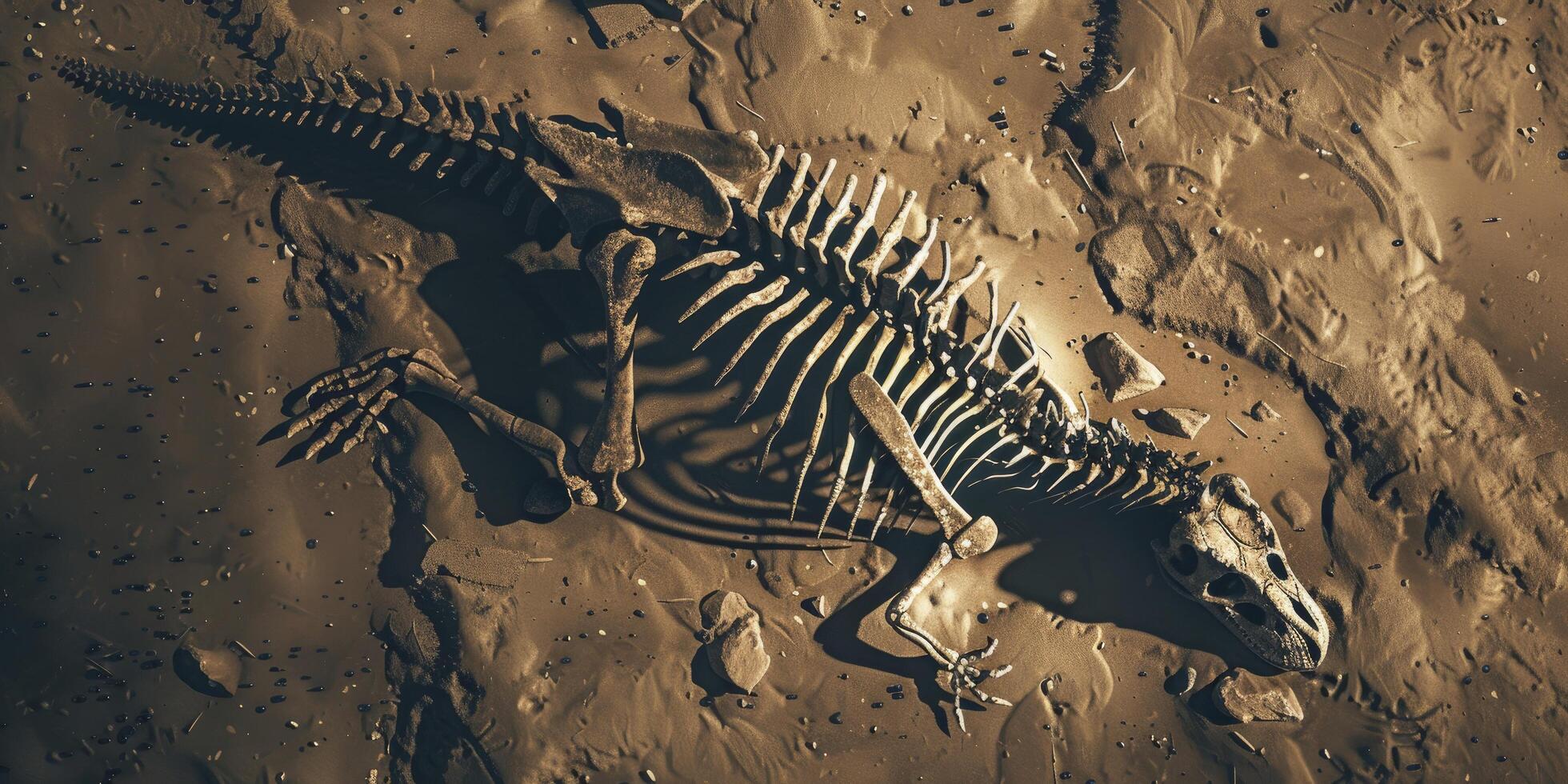 aerial view of a dinosaur skeleton half buried on the ground photo