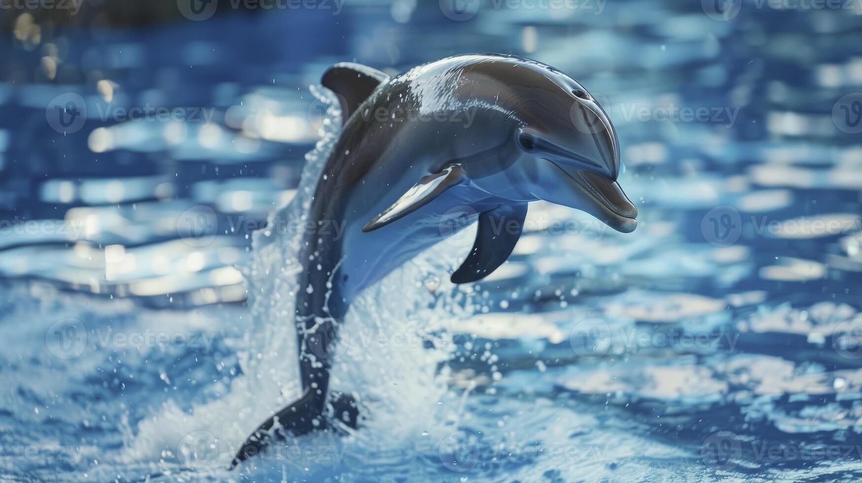 cute and playful dolphins jumping up from swimming pool with blur background photo