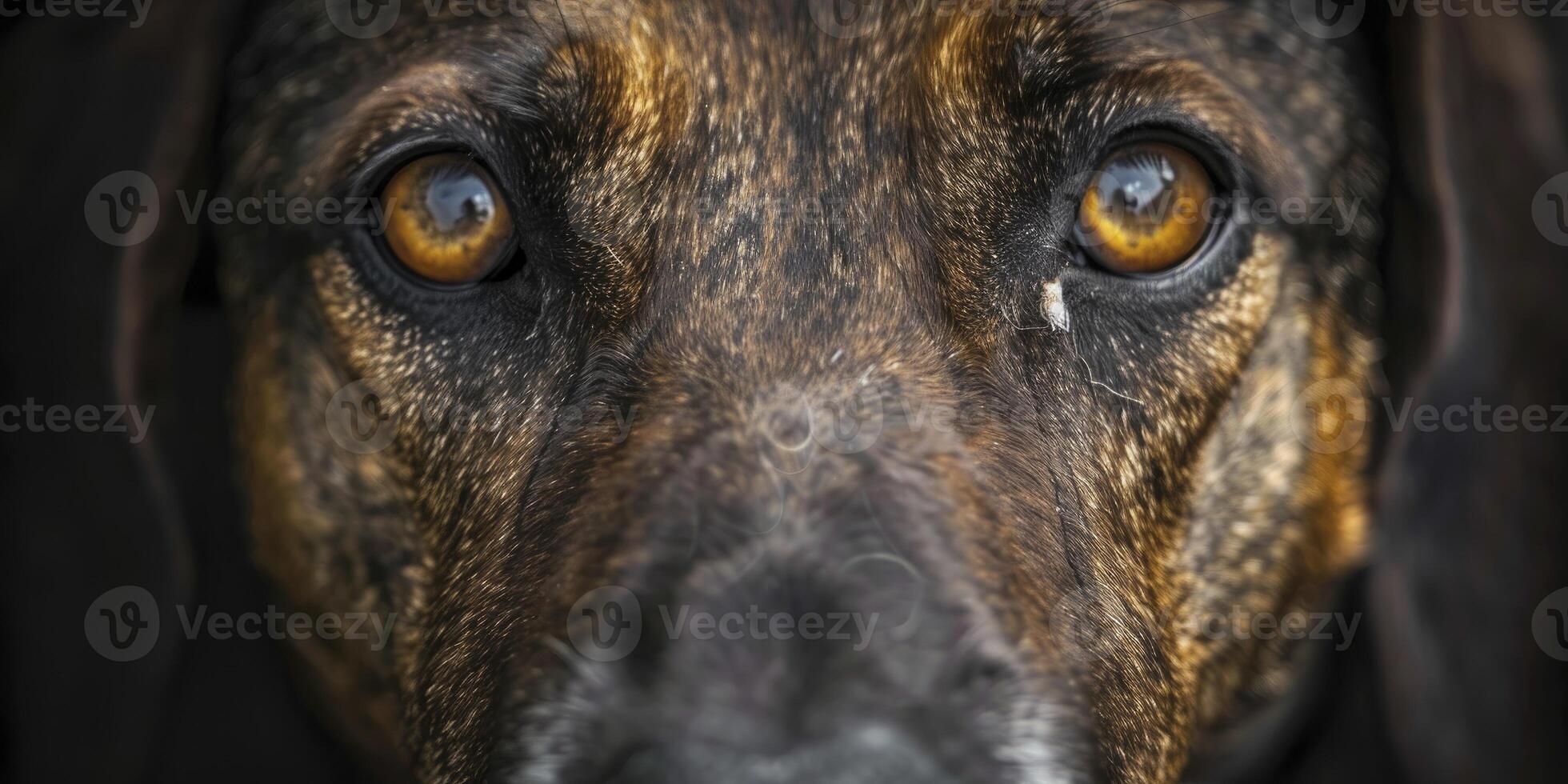 Closeup of the face and eyes of dark brown dog photo