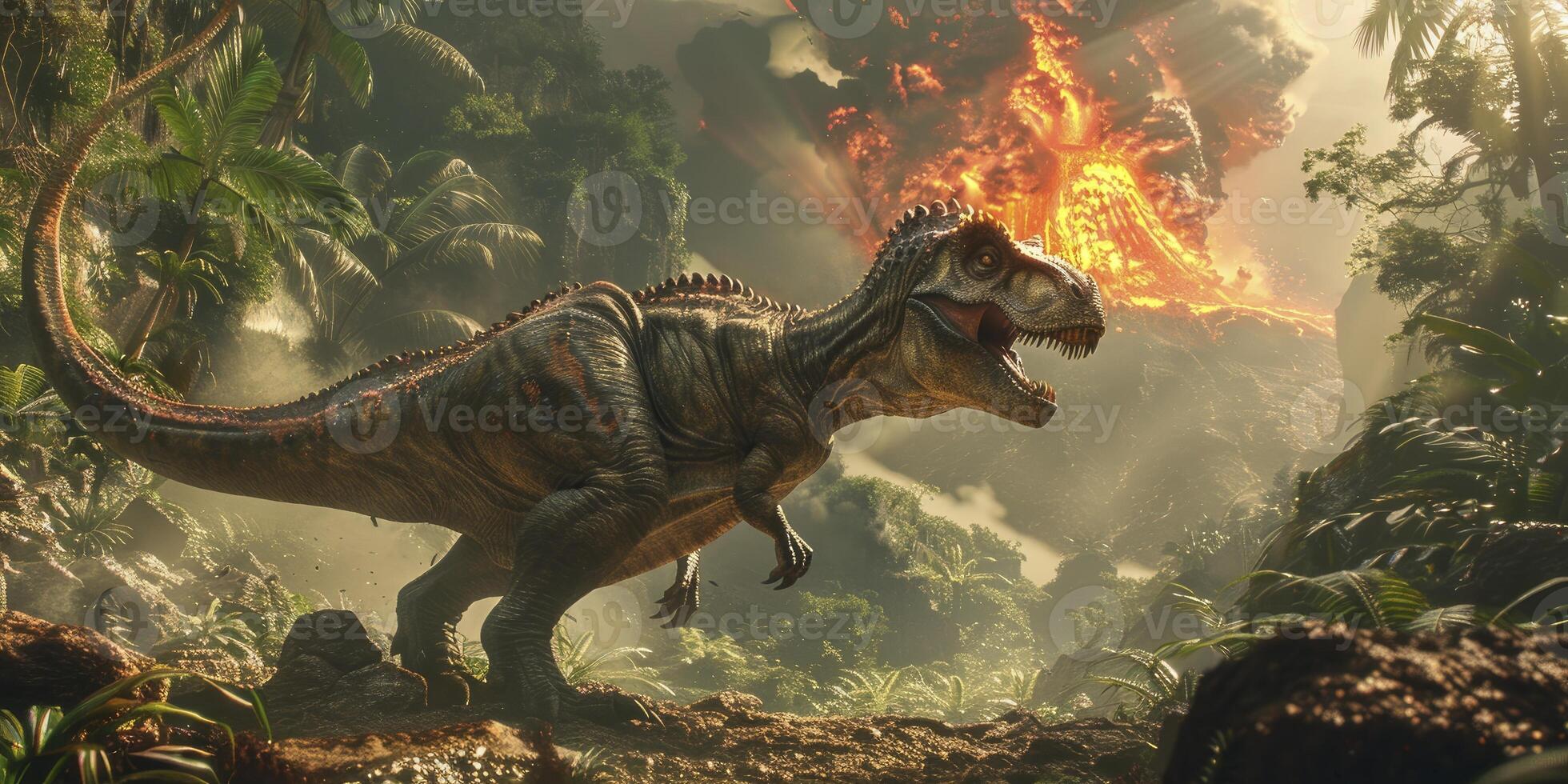 A T Rex standing and roaring in the jungle with erupting volcano background photo