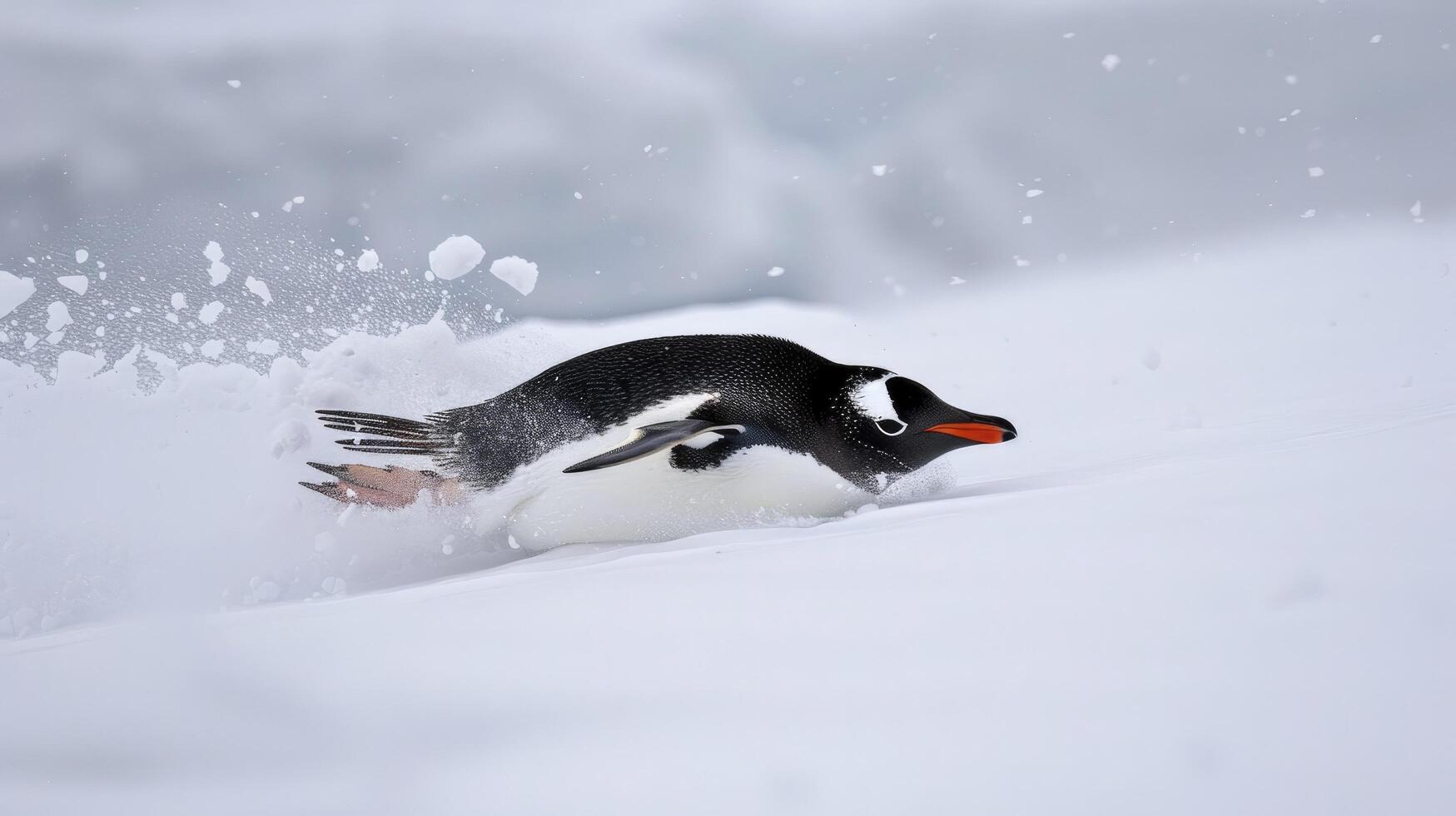 a penguin sliding down the snow covered ground photo