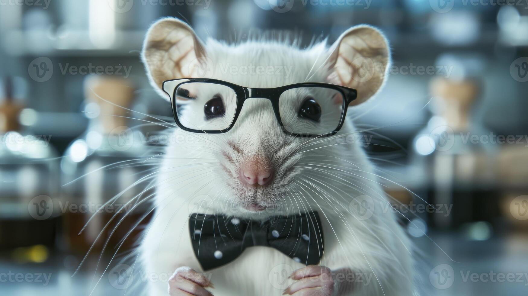 Cute white rat wearing glasses and a bow tie with blur background photo